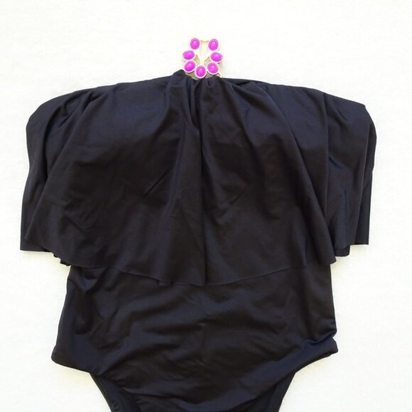 Trina Turk One Piece Swim Suit Size 4 Black Bijou Ruffle Overlay - Picture 2 of 7